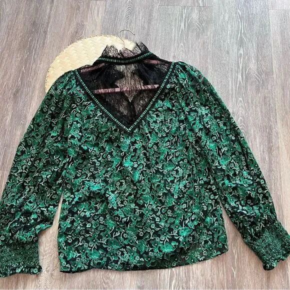 Alice + Olivia Clarice illusion yoke Floral Blouse green silk women’s S‎